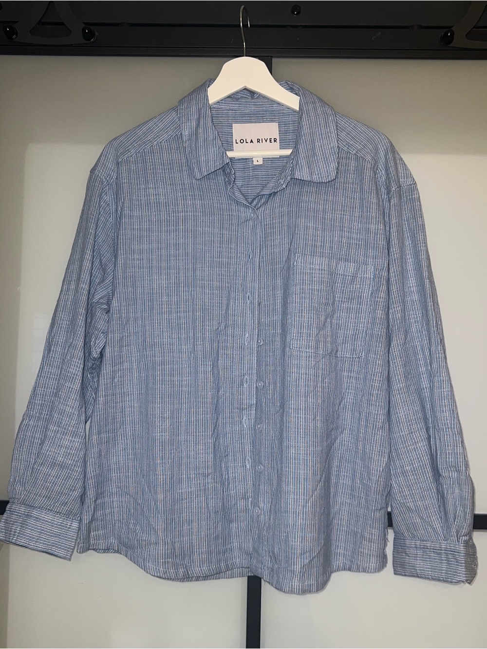 Lola River Blue White Striped 100% Cotton Relaxed Button Down Shirt L